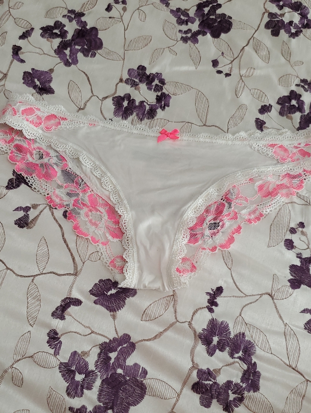 Victoria's Secret White Bikini Panty with Pink Lace Floral Trim
